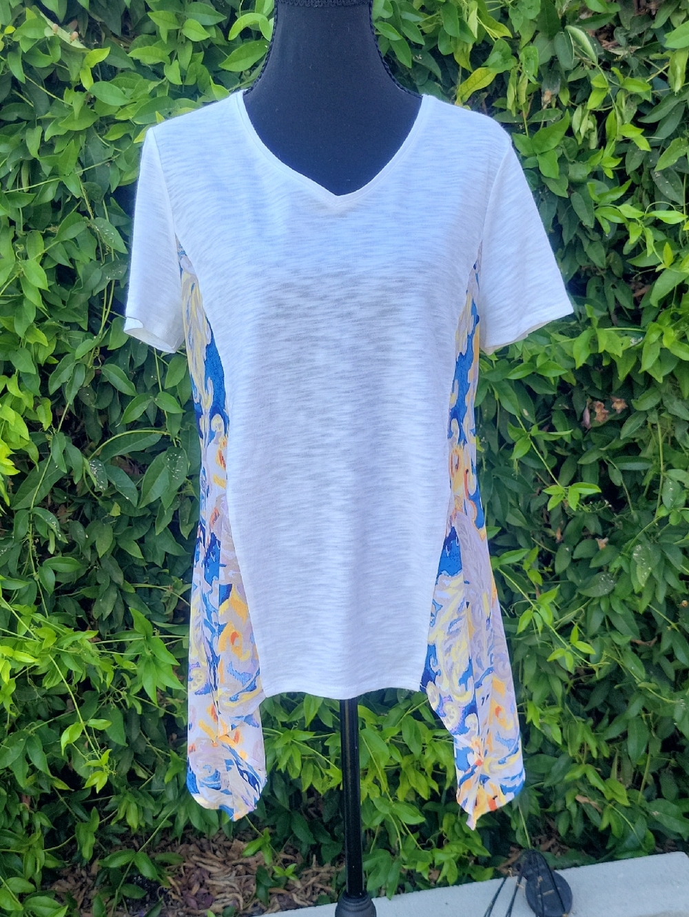 Chico's White Boho V-Neck Tee with Blue and Yellow Floral Side Panels